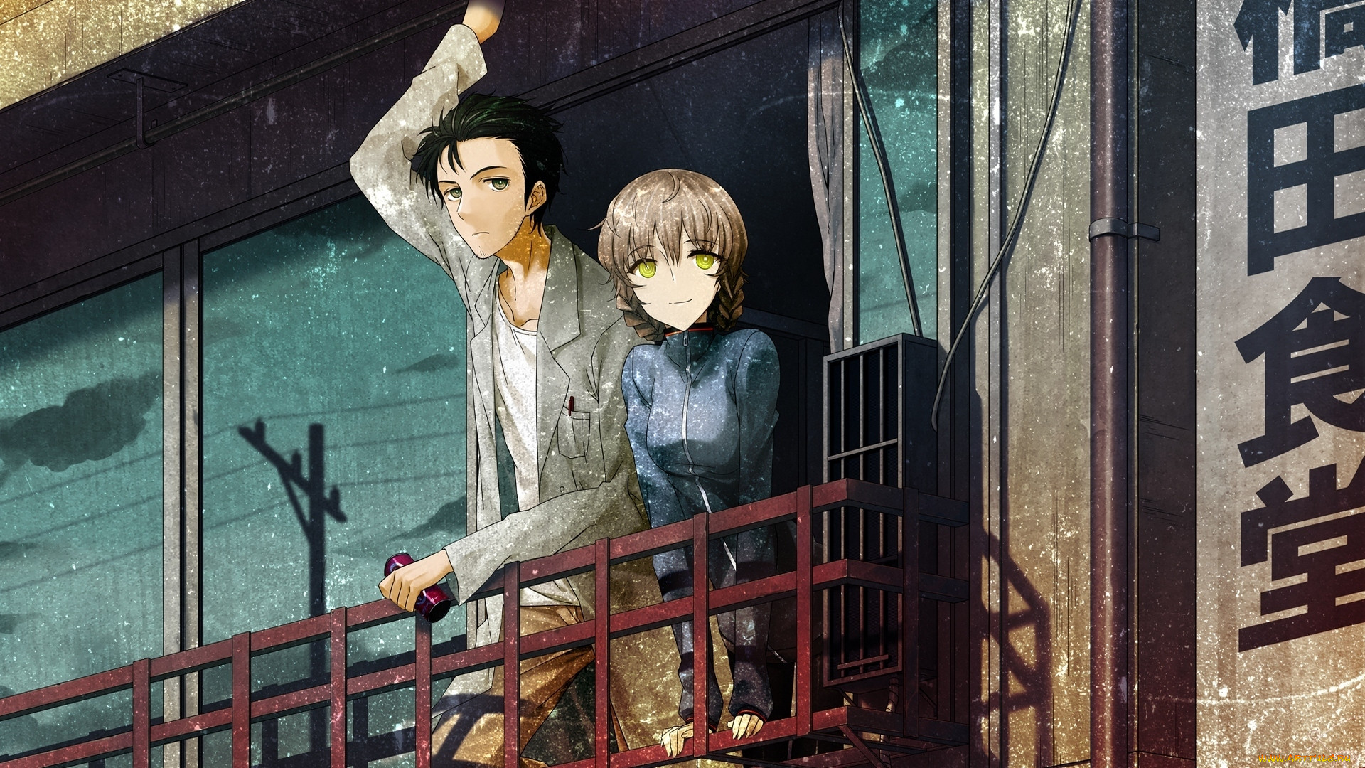 Обои Аниме Steins;Gate, обои для рабочего стола, фотографии аниме, steins,  gate, парень, девушка, okabe, rintarou, балкон, банка, иероглифы, amane,  suzuha, врата, штейна Обои для рабочего стола, скачать обои картинки  заставки на рабочий